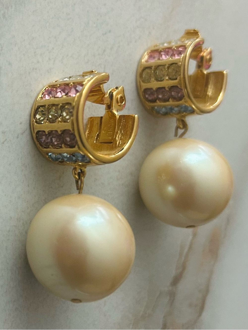 Vintage Monet Gold Toned Rainbow Hoop Faux Pearl Drop Clip On Statement Earrings